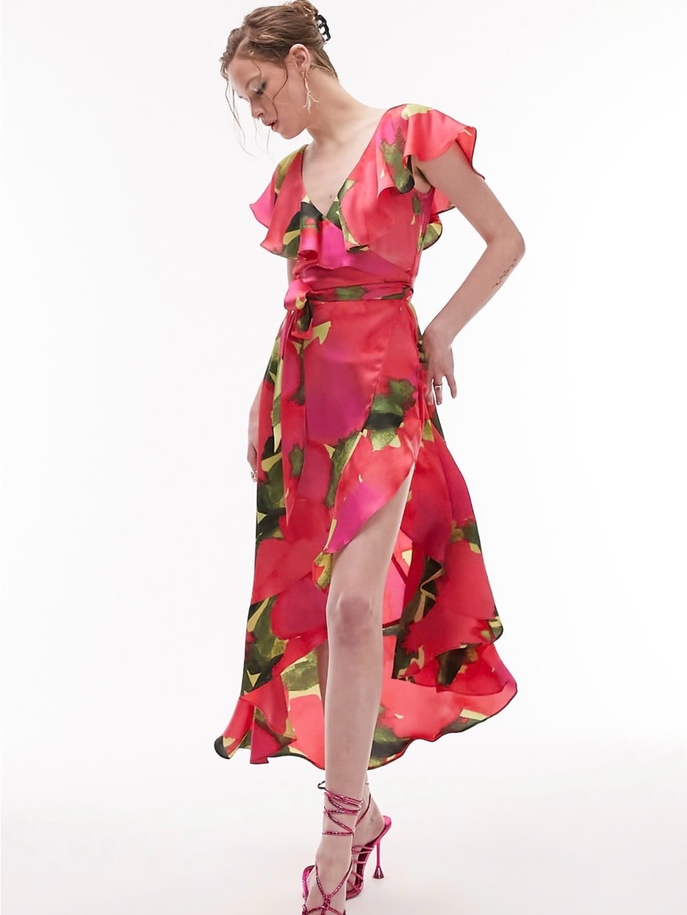 Topshop Ruffled V-Neck Floral Wrap Dress in Hot Pink-70